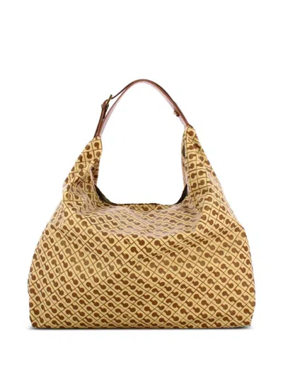 GHERARDINI Softy Tobacco shoulder bag with all-over mustard logo GHERARDINI