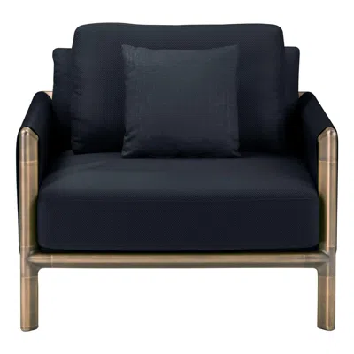 Pre-owned Ghidini 1961 Frame Armchair In Deep Blue Fabric And Cuoio Leather With Brown Burnished Brass