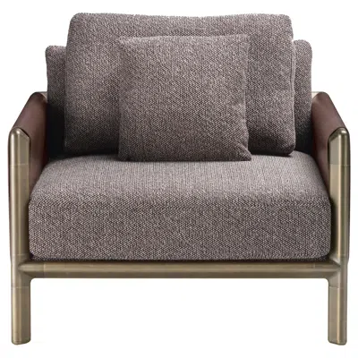 Pre-owned Ghidini 1961 Frame Armchair In Safire Fabric And Cuoio Leather With Brown Burnished Brass Leg