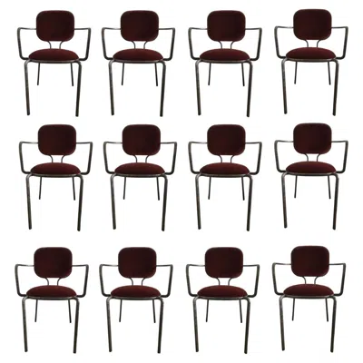 Pre-owned Ghidini 1961 Italy Set 12 Burnished Metal And Velvet Armchairs By  In Black