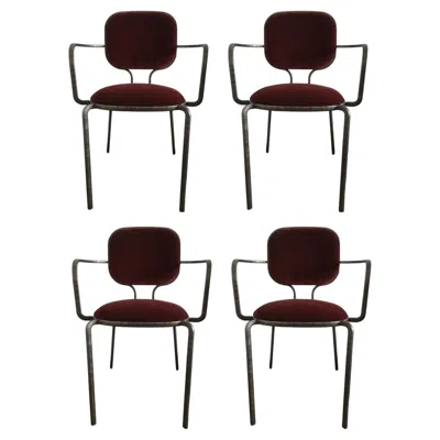 Pre-owned Ghidini 1961 Italy Set 4 Burnished Metal And Velvet Armchairs By  In Black