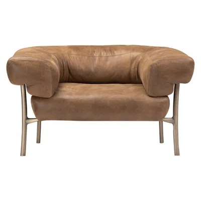 Pre-owned Ghidini 1961 Katana Lounge Chair In Choclate Forest Leather With Brown Burnished Brass Legs
