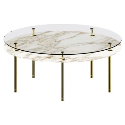 Pre-owned Ghidini 1961 Legs Large Round Dining Table With Calacatta Gold Marble Top And Polished Brass In Gray