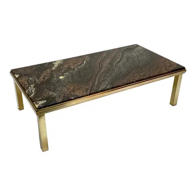 Pre-owned Ghidini 1961 Midcentury Quartzite Marble And Brass Rectangular Italian Coffee Table, 1970s In Black