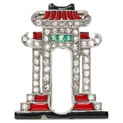 Pre-owned Ghiso Paris Art Deco Diamond Emerald Enamel Platinum Pagoda Antique Brooch In Green