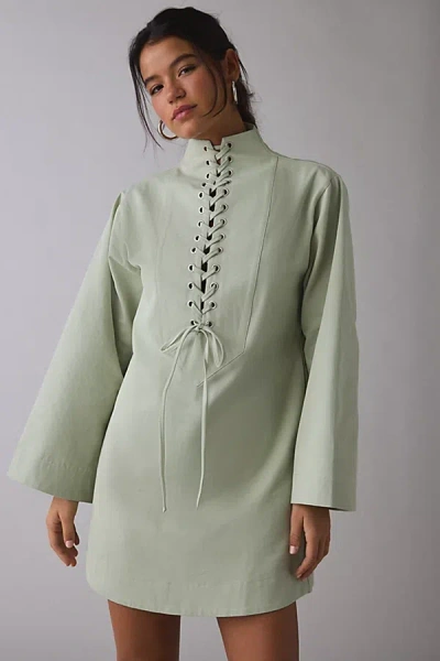 Ghospell Finna Eyelet Lace-up Long Sleeve Mini Dress In Sage, Women's At Urban Outfitters In Green