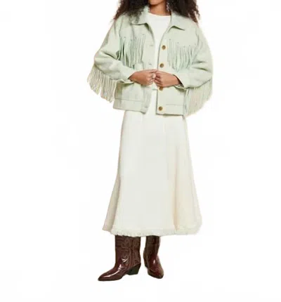 Ghospell Kira Fringe Jacket In Pale Sage In Animal Print