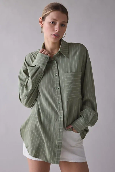 Ghospell Koa Striped Oversized Button-down Shirt In Green Stripe, Women's At Urban Outfitters In Multi