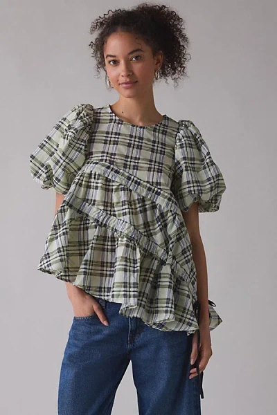 Ghospell Micaela Ruched Puff Sleeve Top In Green