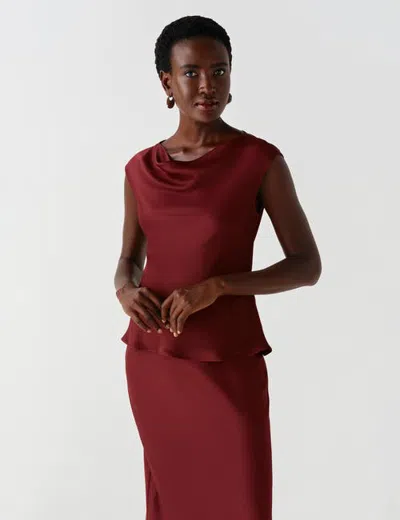 Ghost London Aila Satin Cowl Neck Top In Burgundy