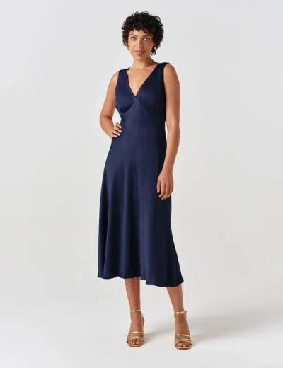 Ghost London Alessia Picot V-neck Satin Midi Dress In Blue
