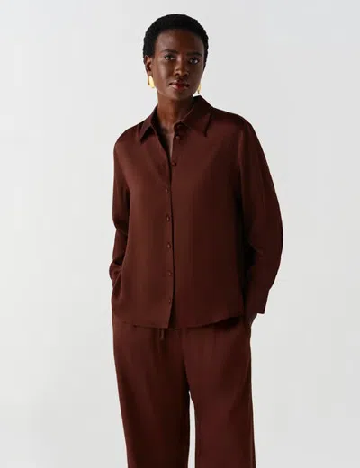Ghost London Esther Collared Satin Shirt In Brown