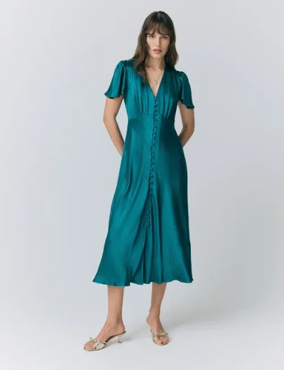 Ghost London Grace Satin Button V-neck Dress In Green