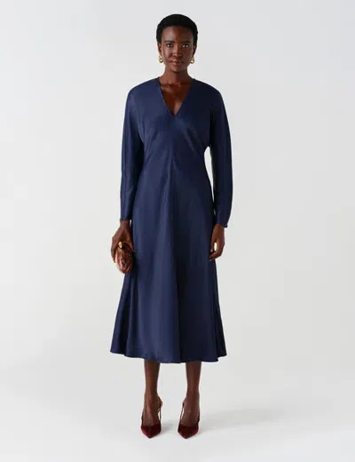 Ghost London Hatty Long Sleeve Satin Midi Dress In Blue