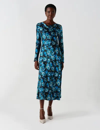 Ghost London Immi Cowl Neck Printed Satin Midi Dress In Blue