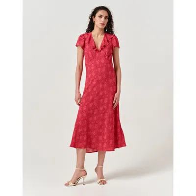 Ghost London Kimmy Floral Frill Neck Crepe Midi Dress In Red