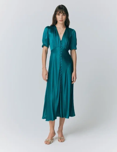 Ghost London Madison Short Sleeve Satin Midi Dress In Green