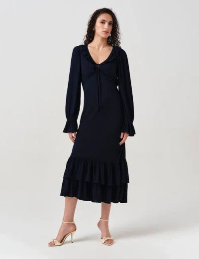 Ghost London Melina Crepe Ruffle Hem Midi Dress In Blue