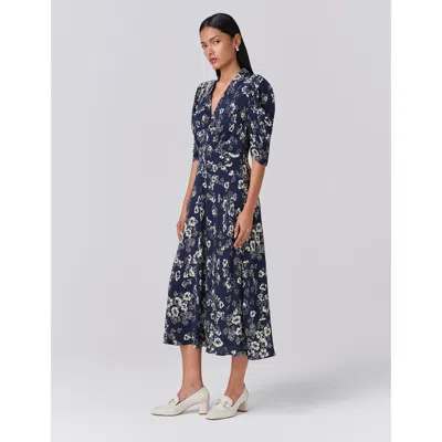 Ghost London Mia Crepe Floral Midi Tea Dress In Blue