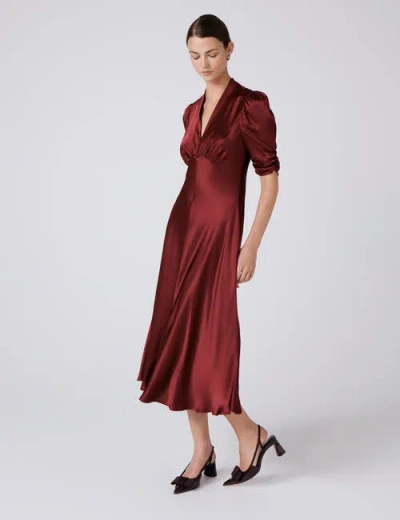 Ghost London Mia Satin V Neck Midi Tea Dress In Burgundy