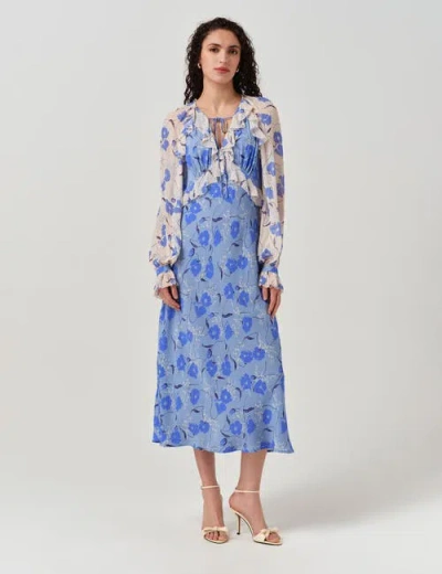 Ghost London Naomi Floral Longsleeve Frill Midi Dress In Blue