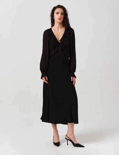 Ghost London Naomi Long Sleeve Frill Midi Dress In Black