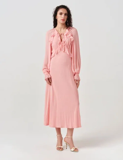 Ghost London Naomi Long Sleeve Frill Midi Dress In Pink