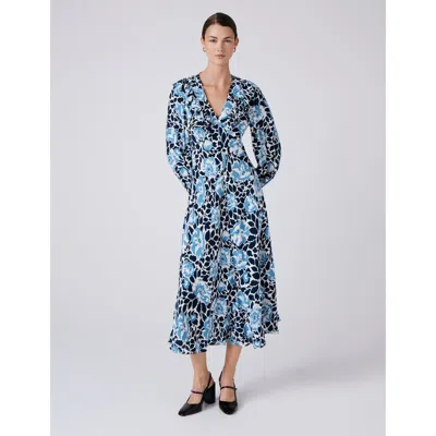 Ghost London Noa Floral Crepe V Neck Midi Dress In Blue