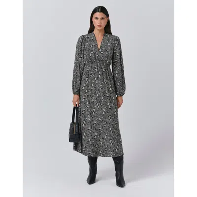 Ghost London Petal Crepe V Neck Midi Waisted Dress In Black