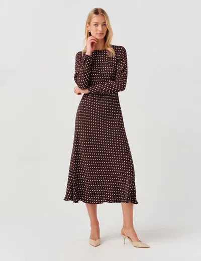 Ghost London Scarlett Long Sleeve Spot Midi Dress In Brown