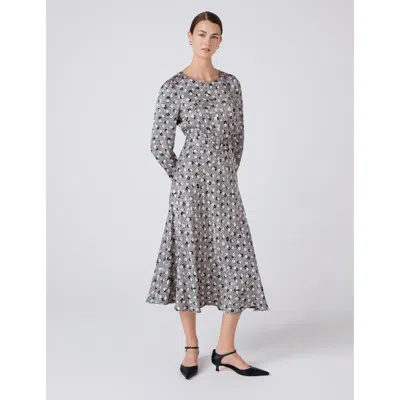 Ghost London Sophia Floral Satin Midi Belted Dress In Gray