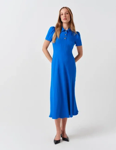 Ghost London Verity Crepe Puff Sleeve Midi Dress In Blue