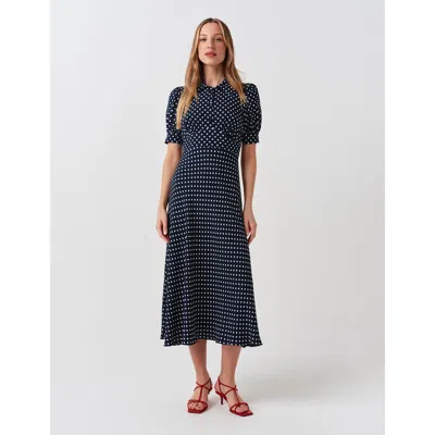 Ghost London Wilma Fitted Waist Flared Dress In Navy Spot