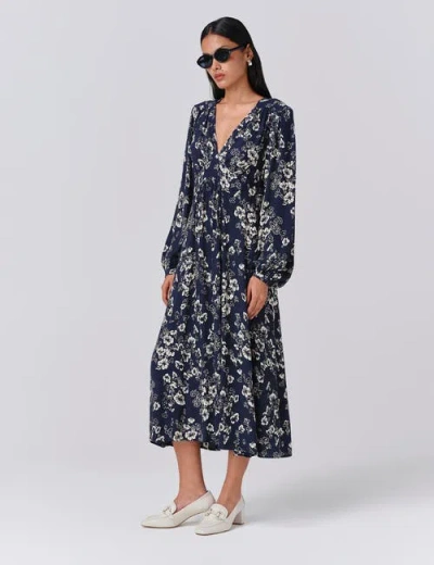 Ghost London Wren Floral V Neck Midi Dress In Blue