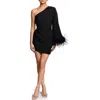 Ghrail Ellis Feather Trim One-shoulder Crepe Cocktail Minidress In Black
