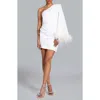 Ghrail Ellis Feather Trim One-shoulder Crepe Cocktail Minidress In Ivory