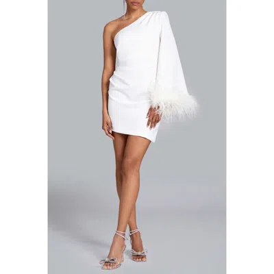 Ghrail Ellis Feather Trim One-shoulder Crepe Cocktail Minidress In Ivory