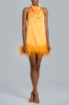 Ghrail Nolita Feather Trim Halter Satin Cocktail Minidress In Orange