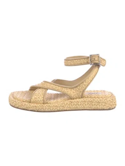 Pre-owned Gia Borghini Raffia Leather Trim Embellishment Sandals In Neutrals/yellow