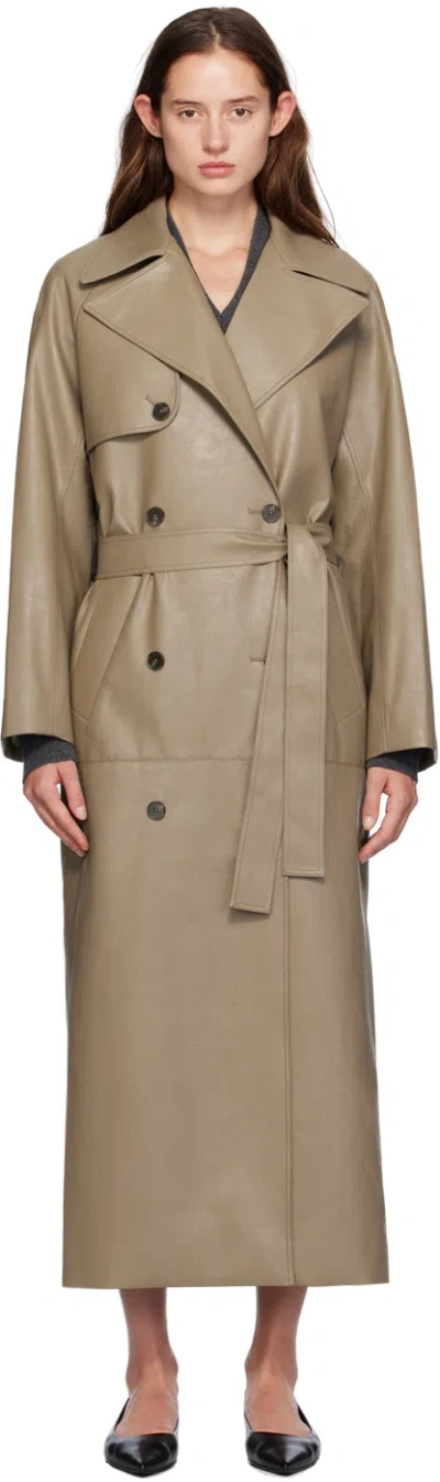 Gia Studios Beige Double-breasted Faux-leather Trench Coat