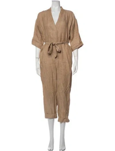 Pre-owned Giada Forte Linen V-neck Jumpsuit In Neutrals