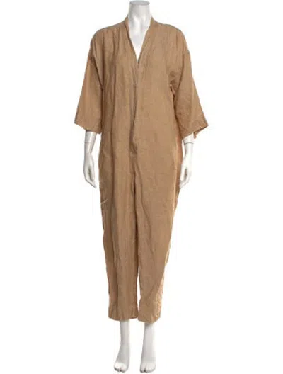 Pre-owned Giada Forte Linen V-neck Jumpsuit In Neutrals