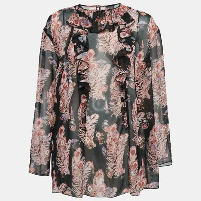 Pre-owned Giamba Black Feather-floral Print Chiffon Ruffled Blouse L