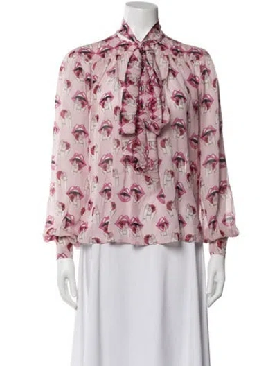 Pre-owned Giamba Graphic Print Tie Neck Blouse In Pink