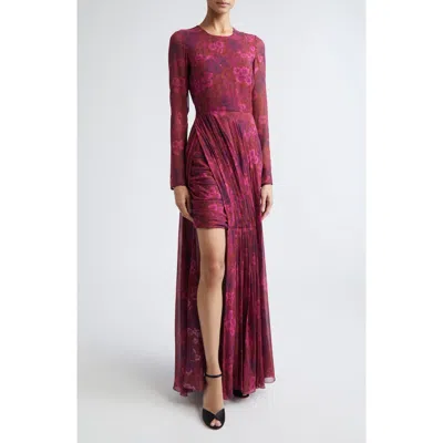 Giambattista Valli Anemones Draped Long Sleeve Silk Dress In Multi