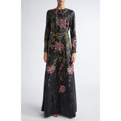 GIAMBATTISTA VALLI GIAMBATTISTA VALLI BLACK FLOWER SCREEN LONG SLEEVE SEQUIN DRESS