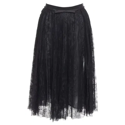 Pre-owned Giambattista Valli Black Lace Silk Bow Trim Pleated Knee Skirt It38 Xxs