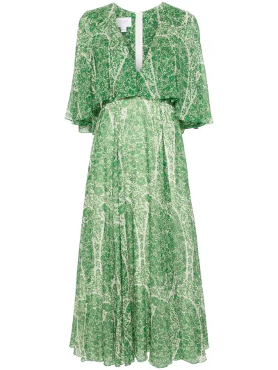 Giambattista Valli Botanical-print Silk Midi Dress In Green
