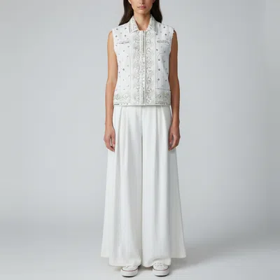 Pre-owned Giambattista Valli Boucle And Denim Embellished Vest And Pants Set M In White
