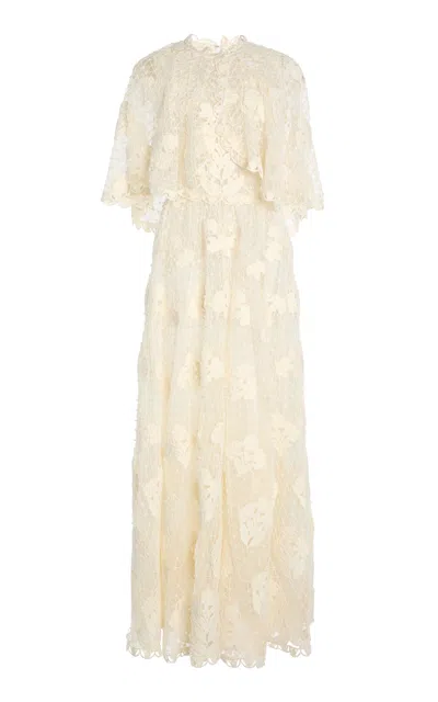 Giambattista Valli Cape-sleeve Macramé Wool Maxi Dress In Ivory